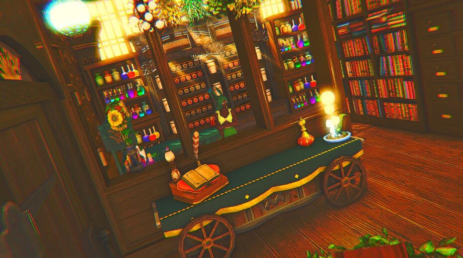 A green-haired and dark-skinned rava stands at an apothecary counter with sun coming in the windows behind her.